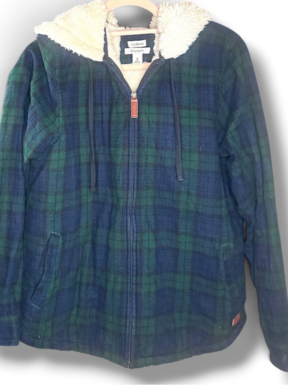 L.L. Bean Kids Navy & Green Plaid Sherpa-Lined Hooded Jacket
